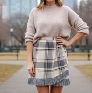 Wool Plaid Mini Skirt Vintage Wrap Women's Md Fringe Academia 90s